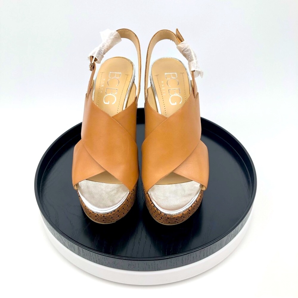 (NEW) BCBG 6.5 Paris Tan Wedge Sandals